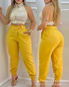 Pantalon féminin en deux pièces 2023 Summer Fashion Set Fomen's Femme Two-Yel Yellow Halter Top - avec un style polyvalent sexy à lacets sexy