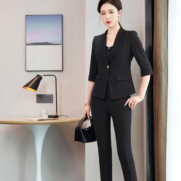 Calças femininas de duas peças 2023 verão feminino elegante terno preto blazer com bolso calças negócios escritório senhora 2 peças conjunto S-4XL