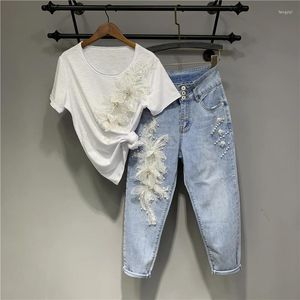 Dames tweedelige broek 2023 zomer zware industrie kralen bloem wit pak korte mouwen T-shirt blauwe jeans voor dames outfits tops en set