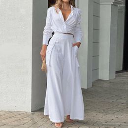 Vrouwen Tweedelige Broek 2023 Zomer Effen Kleur Lange Mouw Pak Top Shirts Wijde Pijpen Sexy Set Voor Vrouwen casual Mode Thuis Doeken