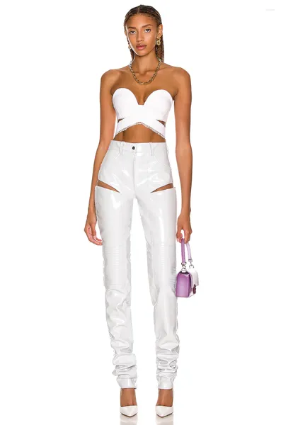 Pantalon deux pièces pour femmes 2023 été blanc couleur femme ensembles court sans bretelles débardeur et évider en cuir Sexy 2 pièces Club fête Vestido