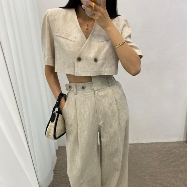 Pantalon de deux pièces pour femmes 2023 Summer femme 2 Set Elegant Puff Short Sleeve Blazer High Taist Casual Wide jambe femelle Ol Tempérament Tenues