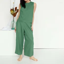 Calças femininas de duas peças 2023 feminino sem mangas verde combinando conjuntos de algodão fino tanque com longo terno peças conjunto mulher roupas