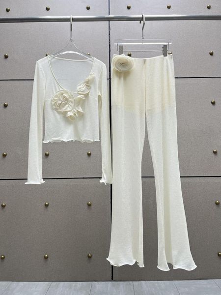 Pantalones de dos piezas para mujer 2023, moda para mujer, traje de flores hecho a mano, borde ondulado, textura delgada, Top, pantalones de cintura alta, conjunto de 2 piezas 0512