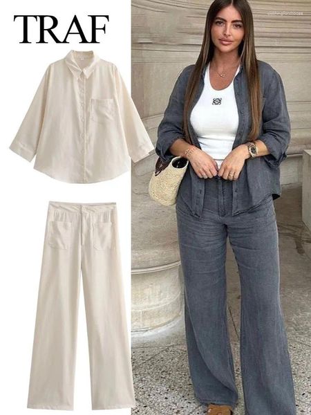 Pantalones de dos piezas para mujer 2023 Ropa de lino para mujer Traje de pantalón Vintage con cuello en V Botón Camisa suelta Camisa alta Diseño de bolsillo Casual Largo