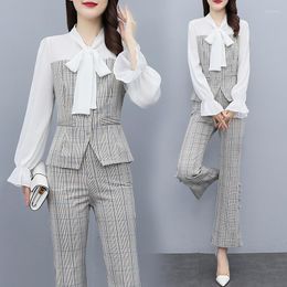 Pantalon deux pièces pour femme 2023Spring Office Lady Two-Peciece Professional Suit: Chemisier à manches longues en mousseline de soie blanche à boutons élégant