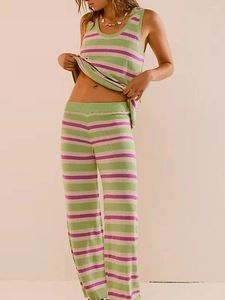 Pantalons de deux pièces pour femmes 2024 2 Tenues Pullage Set Set Stripe Round Neck Treen Tops Tobe Elastic Wounge