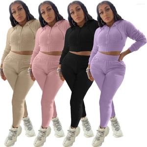 Pantalon de deux pièces pour femmes 2024 Automne 2 Set Sport Suit Rose Crop Top Sweats à capuche Sweat Femmes Ensembles assortis Vêtements Outfit Sportswear MT260