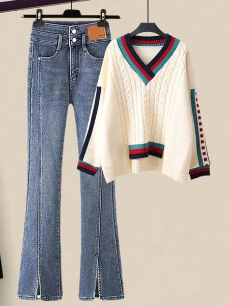 Pantalones de dos piezas para mujer, suéter cálido con cubierta delgada de estilo occidental a la moda, conjunto de pantalones vaqueros para otoño e invierno 2024