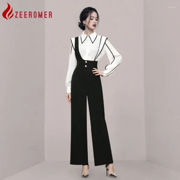 Pantalon féminin à deux pièces 2024 Automne Fashion Elegant Office 2 Set Femmes Lapel Lantern Sleeve Ruffles Hit Color Shirt High Taist Lignet Pant