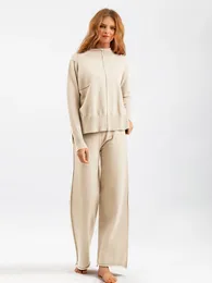 Pantalones de dos piezas para mujer 2024 Otoño Invierno Ropa de mujer Suéteres de punto Suéteres Sólidos Sueltos Casuales Conjuntos de pantalones de pierna ancha para mujer Outifits