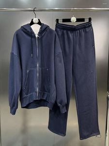 Pantalon féminin à deux pièces 2024 Automne / hiver Hooded à manches longues Pocket lâche grande version Cardigan Cardigan Straitement et enleme