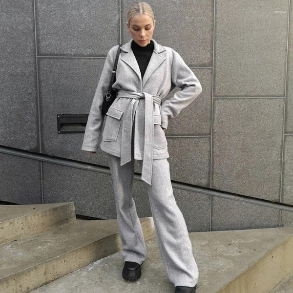 Pantalon de deux pièces pour femmes 2024 automne hiver costume de laine femmes tendance streetwear solide vêtements d'extérieur et 2 pièces ensembles gris bureau dame pantalon