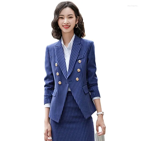 Pantalon de deux pièces pour femmes 2024 Costume d'uniforme d'affaires Femmes Blazer Set Automne Hiver Bureau Lady Work Wear 2 Ensembles Fashion Design rayé XL