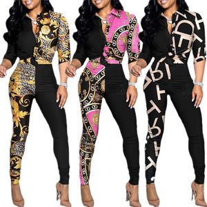 Dames Tweedelige Broek 2024 Mode Dames Chique Set Outfits Letterprint Colorblock Knoop Voorkant Dichtgeknoopt Top Hoge Taille