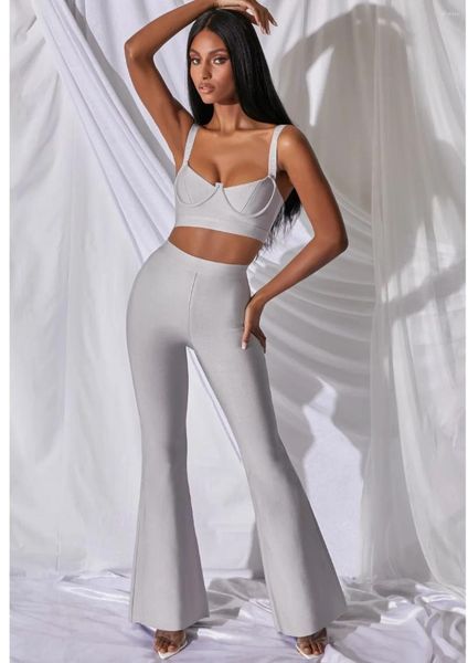 Pantalones de dos piezas para mujer, moda femenina, vendaje envuelto en el pecho, Top con tirantes, pantalones ajustados de cintura alta, conjunto de dos piezas Sexy para chica 2024