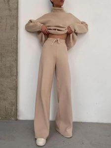 Pantalon deux pièces pour femmes, manches longues, tempérament marron, jambes larges, mode, ample, col haut, ensemble pull décontracté, 2024