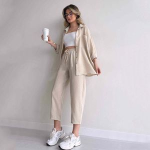 Dames tweedelige broek 2024 Solid Women Pamas Pieces Set lange mouw bijgesneden button shirt losse brede poot broek slaapkleding pakken dames