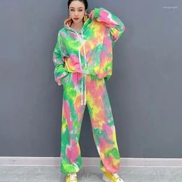 Pantalons de deux pièces pour femmes 2024 Spring Autumn Automne Femme Hooded Top Halo Dyé Graffiti Colorful Graffiti Set Trendy Girl Matching SetS LX638S