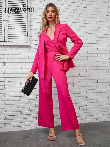 Pantalon féminin à deux pièces 2024 Spring Elegant Rose Red Suit Sett Brottle sans manches Sans manteau veste en combinaison