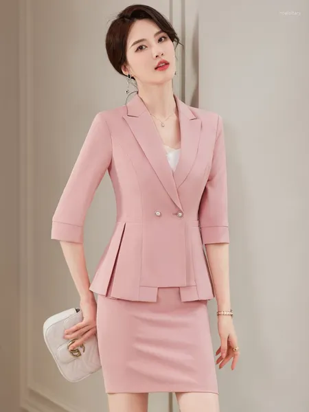 Pantalones de dos piezas para mujer, chaqueta rosa de Color sólido, uniformes de trabajo amarillos, falda profesional negra, primavera 2024