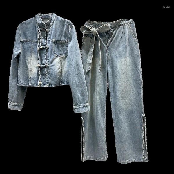Pantalons de deux pièces pour femmes 2024 Spring National Style Boucle à couche courte à lacets jeans Jeans Suit des pièces de femmes