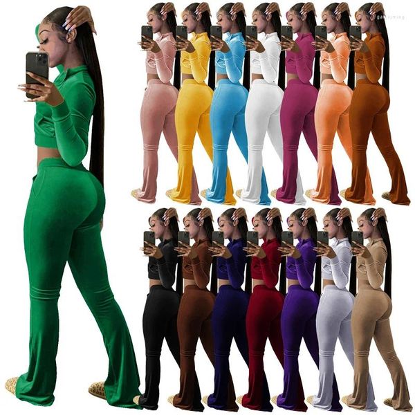 Pantalones de dos piezas para mujer, ropa de calle 2024, conjunto de 2 chándales de terciopelo, trajes para mujer, trajes de chándal, Top corto, trajes acampanados, conjuntos a juego negros 2024