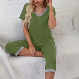 Dames tweedelige broek 2024 zomer casual set V-hals korte mouwen T-shirt en tweedelig dames effen kleur vrouw outfits pyjama