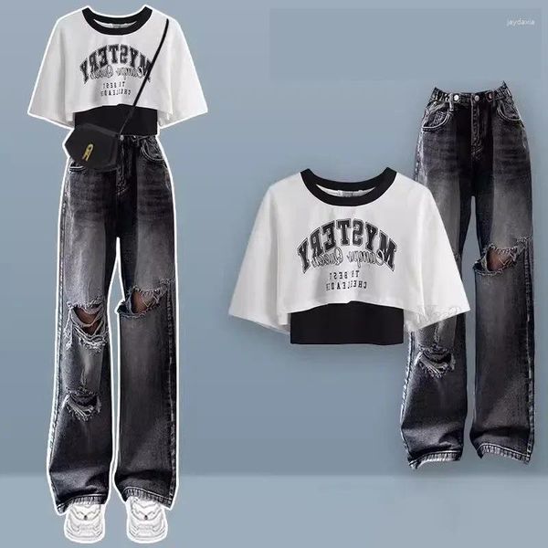 Pantalon féminin à deux pièces 2024 Summer Denim Matching Set Femmes Femmes Loose à manches courtes T-shirt T-shirt Trou