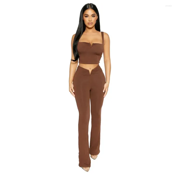 Pantalon de deux pièces pour femmes 2024 Été Couleur unie Tempérament Trajet Camisole sans manches Tricoté Marron Mode Simple Pantalon Costume