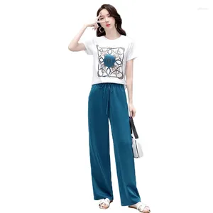 Pantalons de deux pièces pour femmes 2024 Summer Femmes Suit en deux pièces Tops de tshirt à manches courtes et à manches courtes et aux jambes larges 2 Set Tenues féminines