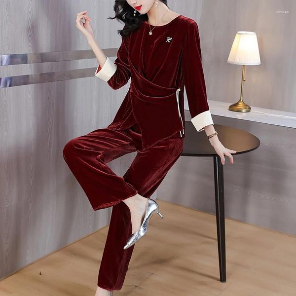 Pantalon à deux pièces pour femmes 2024 Vin Red Silk Velve Fashion Set Solide à manches longues Shirt Lignet Slim Slim