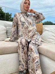 Dames tweedelige broek 2024 Vrouwen Spring Autumn Blouses Fashion Moslimsets Lange mouw Turkse Abaya Print Islamic Clothing 2pcs Outfit
