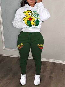 Tweedelige broek voor dames 2024 dames alfabet printen 2-delige set teddybeer alfabet printen kangoero pocket tracking set met lange mouwen sweatshirt en pantsl2405