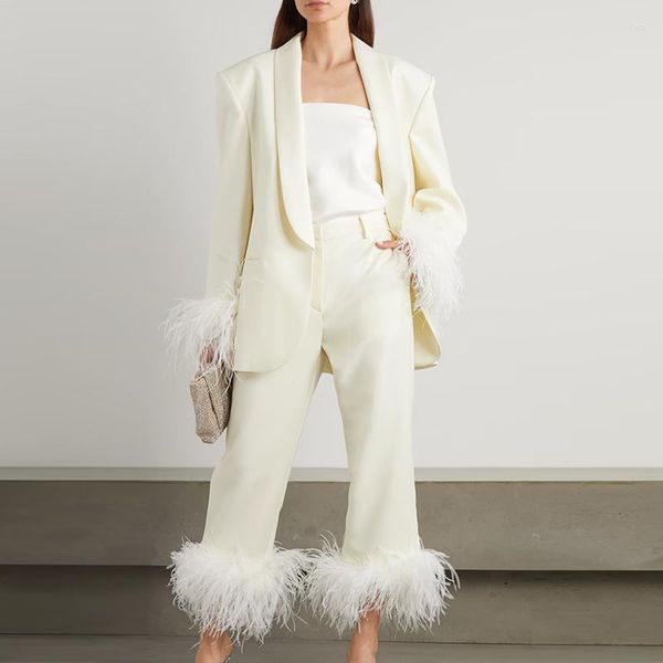 Pantalon deux pièces pour femmes 22 Automne Runway Designer Reamy-white 2 Blazer Set Femmes À Manches Longues Autruche Plume Veste Taille Haut De Gamme Costume