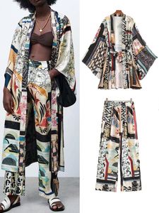 Vrouwen Tweedelige Broek 2pc Shirts Broek Pak Kimono Stijl Zomer Volledig Gedrukt X Lange Trekkoord Blouse Set Vrouwelijke Casual Kleding 230609