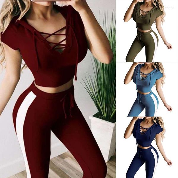 Pantalones de dos piezas para mujer, 2 uds., deportes informales, Yoga, Fitness, mallas, traje, mono, camiseta con capucha