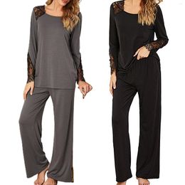 Tweedelige broek van dames 2pcs comfort Pyjama Sets vrouwen lange mouw kanten lozere patchwork top pullovers losse set slaapkleding