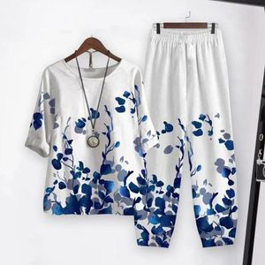 Dames tweedelige broek 2 stks/set casual outfit elastische tailleband topset zomer kleurrijke bloemenprint