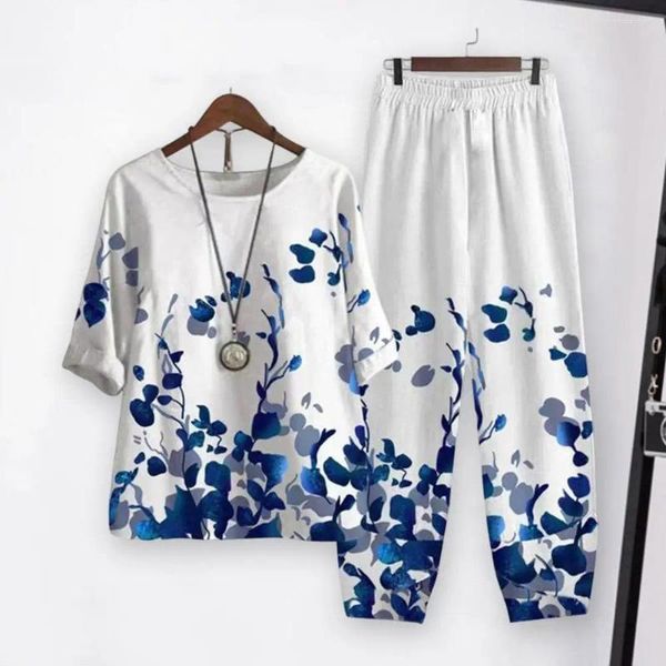 Pantalones de dos piezas para mujer, 2 unids/set, traje informal, cintura elástica, conjunto superior, estampado floral colorido de verano
