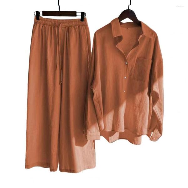 Dames tweedelige broek 2 stks/set klassiek overhemd set dun casual outfit enkele rij knopen effen kleur rechte pijpen lang verkleden