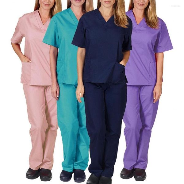 Pantalon deux pièces pour femme 2 pièces/ensemble haut ensemble couleur unie élasticité T-shirt unisexe col en V poches uniformes à séchage rapide pour le travail