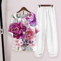 Pantalon deux pièces pour femme 2 pièces/ensemble tendance haut ample jambe large imprimé floral tenue doux t-shirt pantalon ensemble demi manches vêtements quotidiens