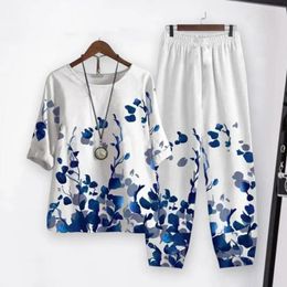 Pantalons de deux pièces pour femmes 2pcs / ensemble Trendy Retro Retro Casual Multicolor Floral Imprimé vintage Vintage Top Lightweight Top Set Mid-Rise Daily Clothing