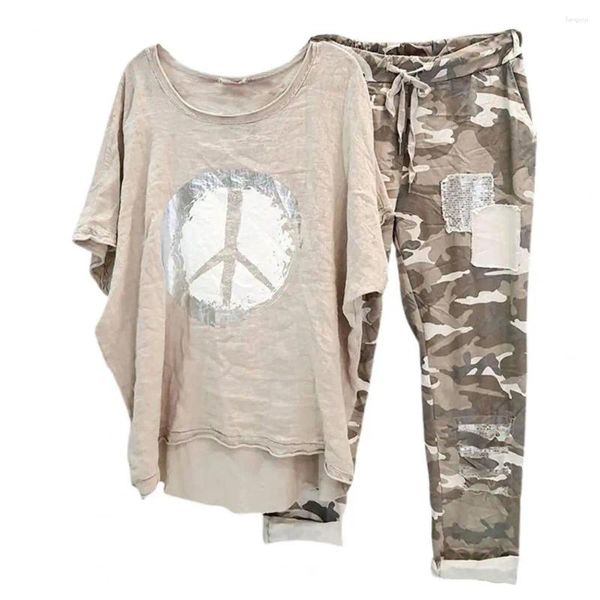 Pantalons à deux pièces pour femmes 2pcs / ensembles Femmes Blouse Camouflage T-shirt imprimé Set à crampon