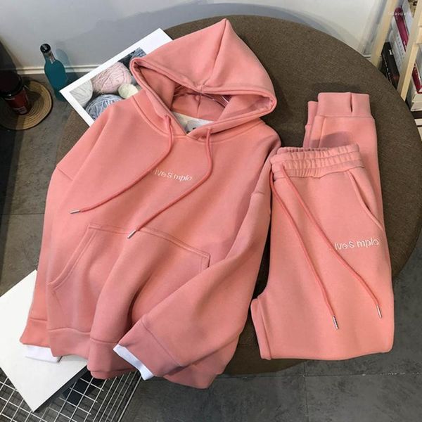 Pantalones de dos piezas para mujer, conjunto de 2 unidades, chándal para mujer, traje informal con dobladillo retráctil Simple, Sudadera con capucha de Color sólido, traje para correr para la escuela