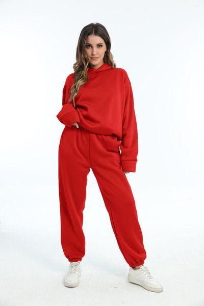 Conjunto de 2 uds de pantalones de dos piezas para mujer, chándal de otoño rojo para mujer, Sudadera con capucha, sudaderas holgadas de invierno, chándal informal para correr para mujer