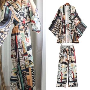 Pantaloni da donna a due pezzi 2 pezzi Camicie da donna Pantaloni da completo Kimono Style Summer Full Printed X-Long Camicetta con coulisse Set Abbigliamento casual femminile 220919