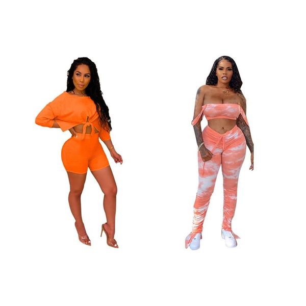 Pantalon de deux pièces pour femmes 2X Femmes Bow Tie Up Crop Tops et Shorts Costumes Orange M Dye Print Top sans bretelles empilé L