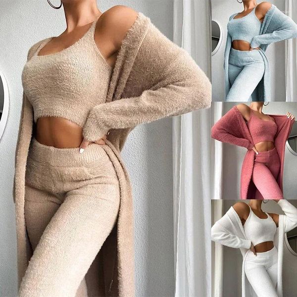 Pantalones de dos piezas para mujer Conjunto de 3 mujeres Sexy con cuello en V Terciopelo Sin mangas Cárdigan largo Pantalones Chándal Trajes casuales Pijamas Ropa de dormir Ropa para el hogar